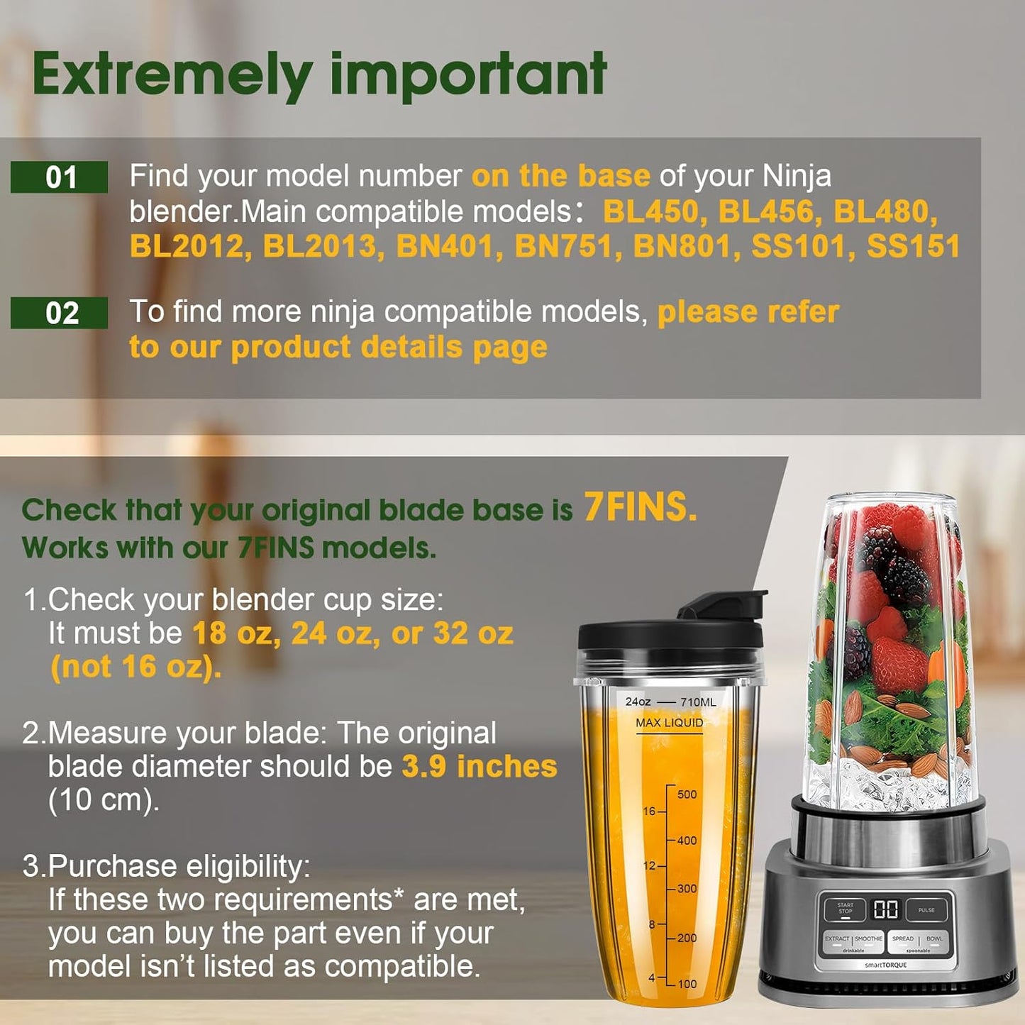 Ninja Blender Cups - 24oz Replacement Cups with To-Go Lids | Compatible with BN401, BL450 & More (3 Pack)