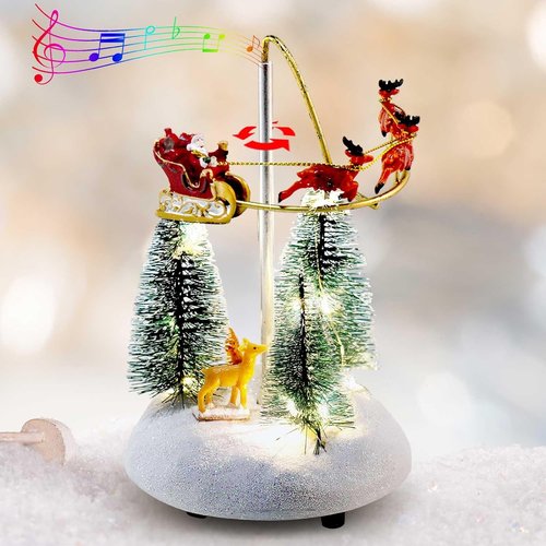 Innodept12 Christmas Snow Village Animated Santa Sleigh Figurine - Musical Lights & Colorful Decor