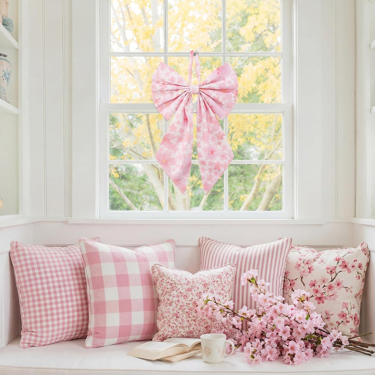 Suncalla Spring Cherry Blossoms Wreath - 2 Pcs Large Pink Tree Topper | Rustic Burlap Decor 19.6'' x 11.8''