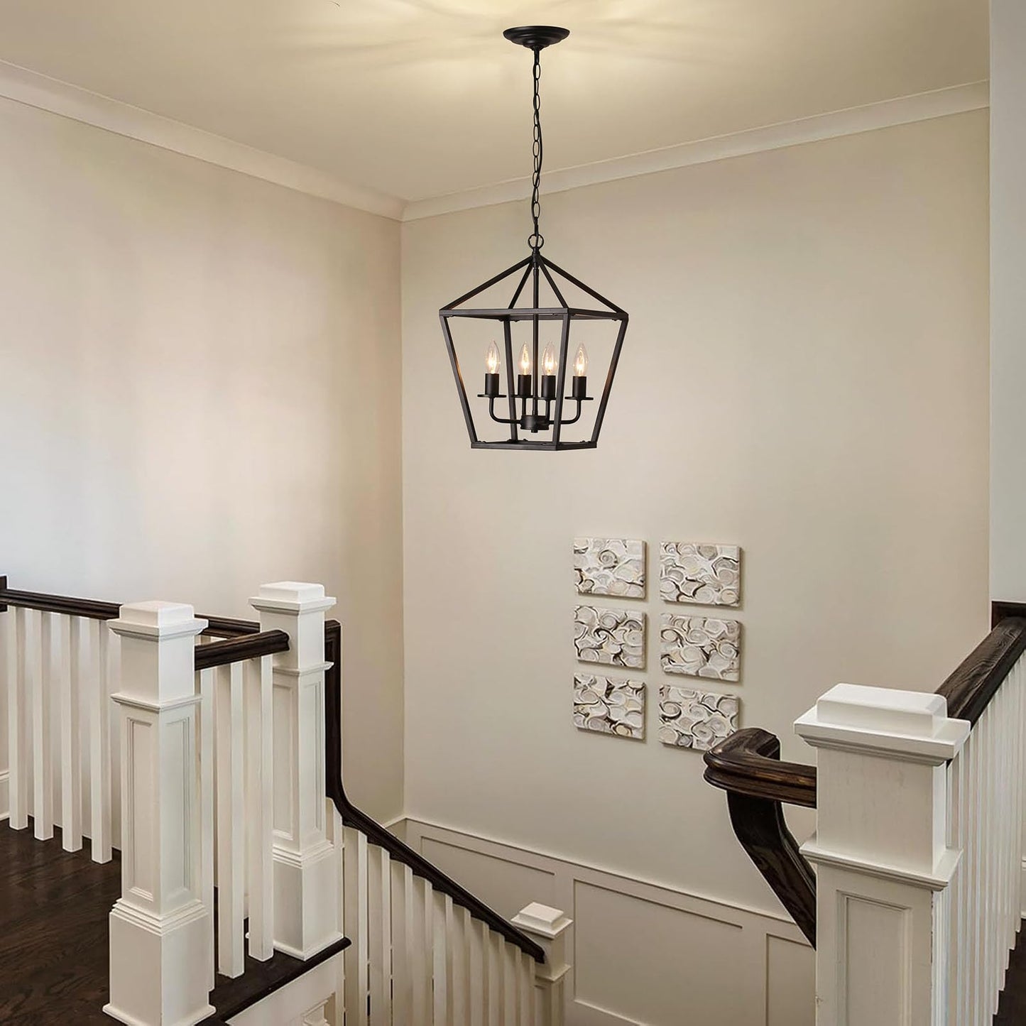 Mlmgmh168 4-Light Black Farmhouse Chandelier Iron Lantern Pendant Light Rustic Cage Hanging Light Fixtures Industrial Foyer Lights for Kitchen Island Dining Room Hallway Foyer Entryway