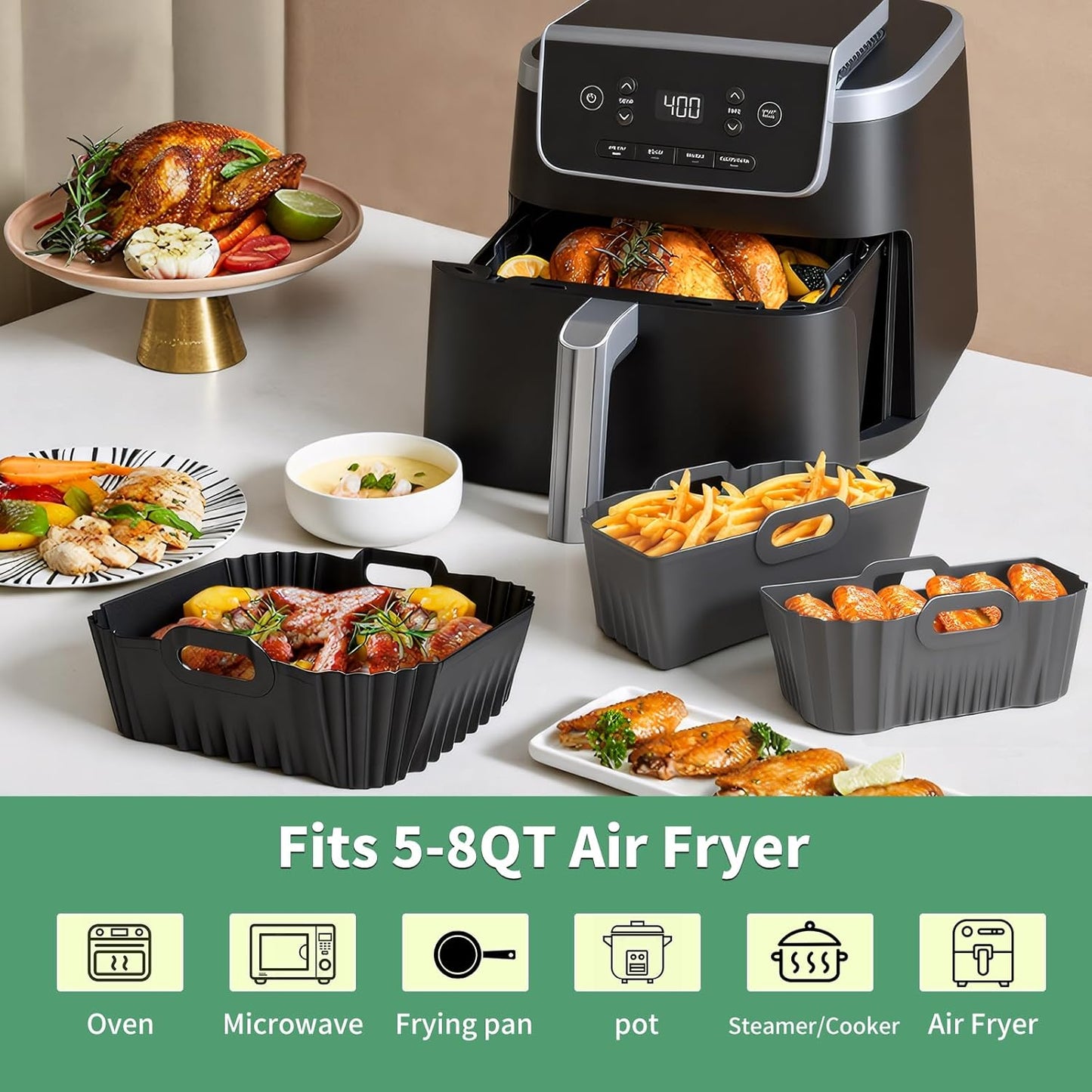 Skiennix 9-Inch Silicone Air Fryer Liners - Reusable Baking Accessories for Ninja & Cosori | 3 Pack