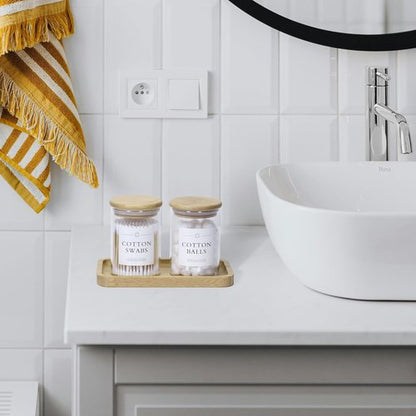 INIUNIK Qtip Holder - 2 Pack Glass Apothecary Jars with Lids for Bathroom Organization | Cotton Ball & Swab Storage