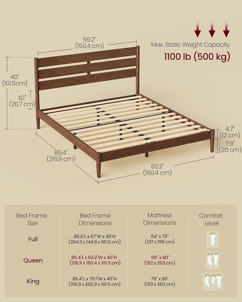 Queen Bed Frame with Headboard Storage & Charging Station - VASAGLE Coffee Brown, 1100 lb Capacity