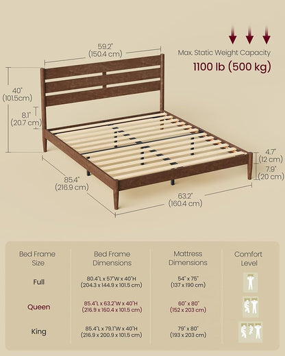 Queen Bed Frame with Headboard Storage & Charging Station - VASAGLE Coffee Brown, 1100 lb Capacity