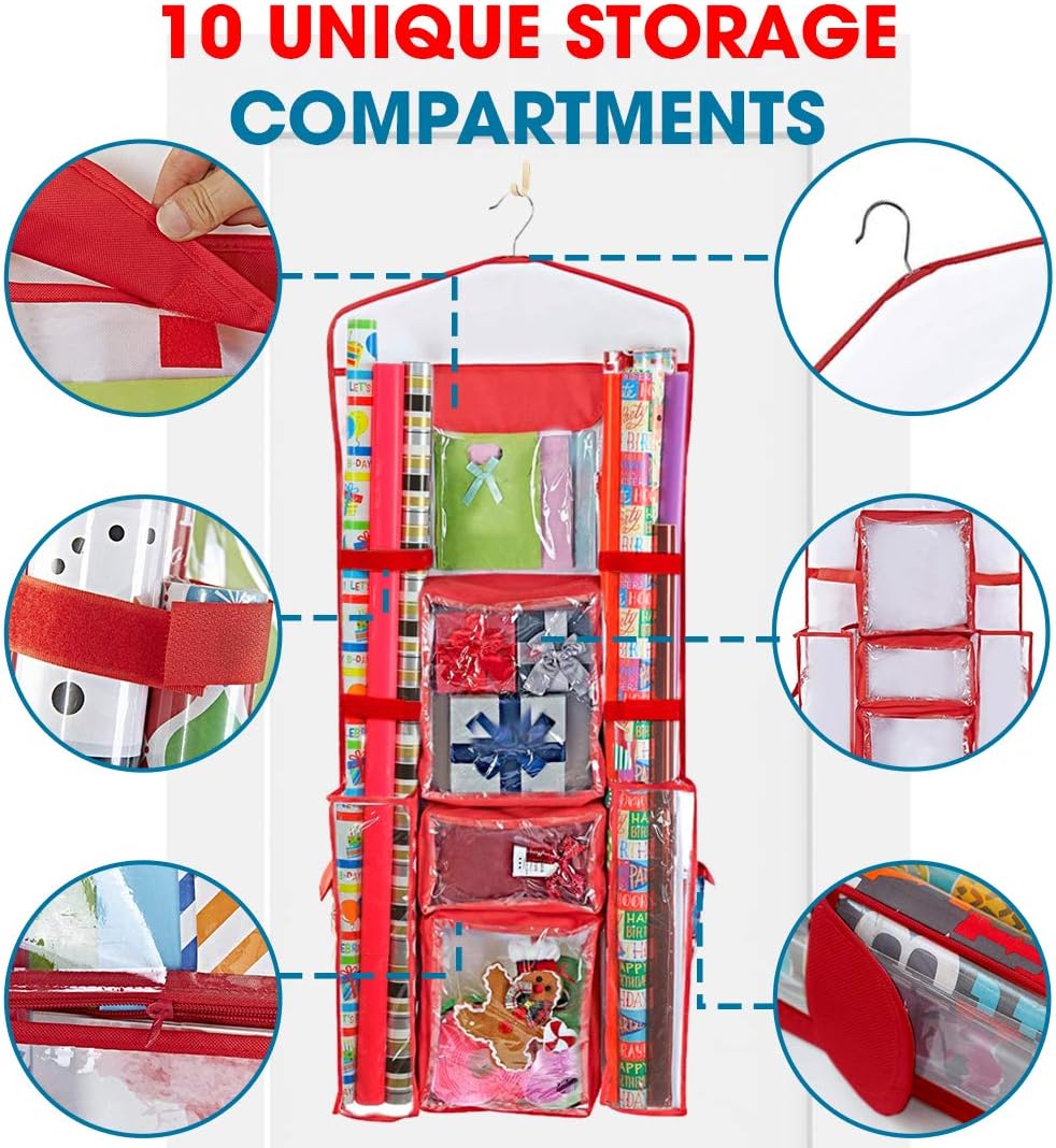 ProPik Wrapping Paper Storage Organizer - Double-Sided Design with Multiple Pockets | 40" x 17" Clear PVC Bag (Red)