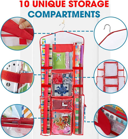 ProPik Wrapping Paper Storage Organizer - Double-Sided Design with Multiple Pockets | 40" x 17" Clear PVC Bag (Red)