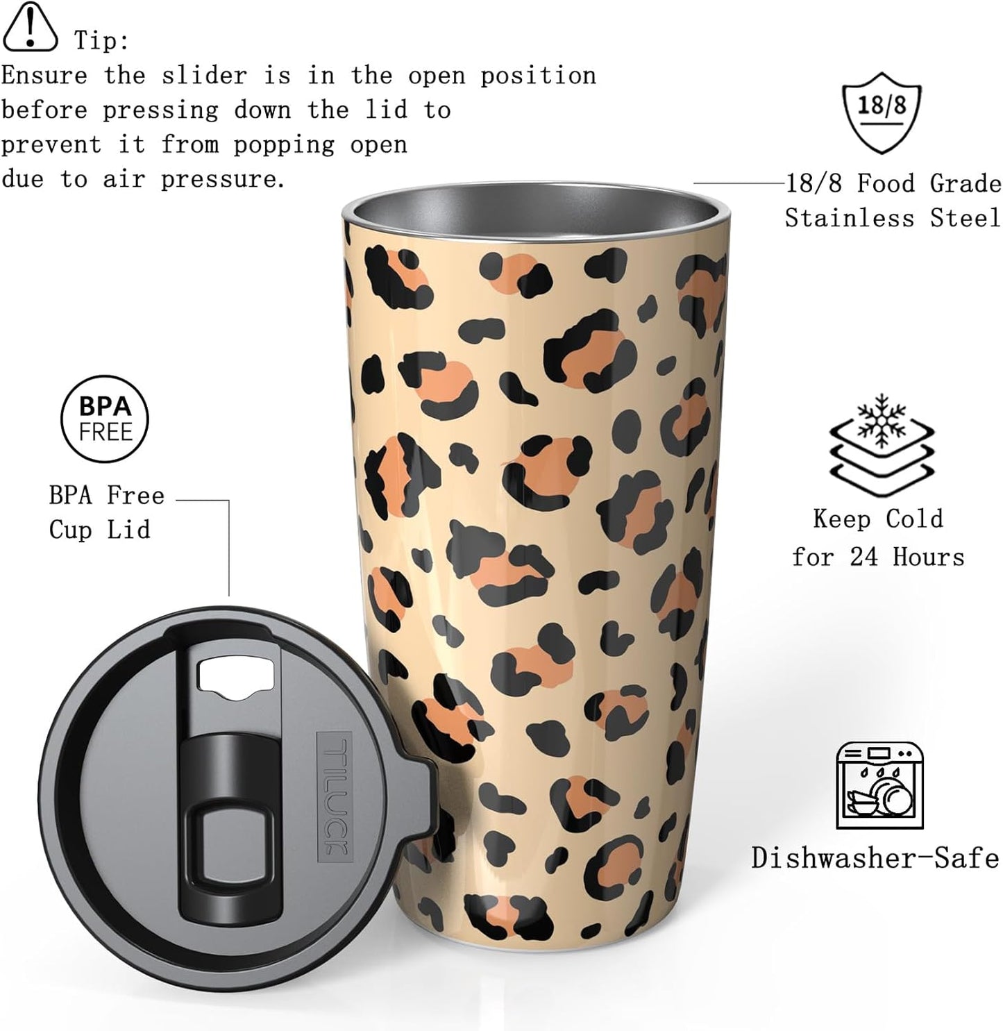 TILUCK 20 oz Vacuum Insulated Tumbler - Stainless Steel Travel Mug for Hot & Cold Drinks | Leopard Print