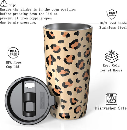 TILUCK 20 oz Vacuum Insulated Tumbler - Stainless Steel Travel Mug for Hot & Cold Drinks | Leopard Print