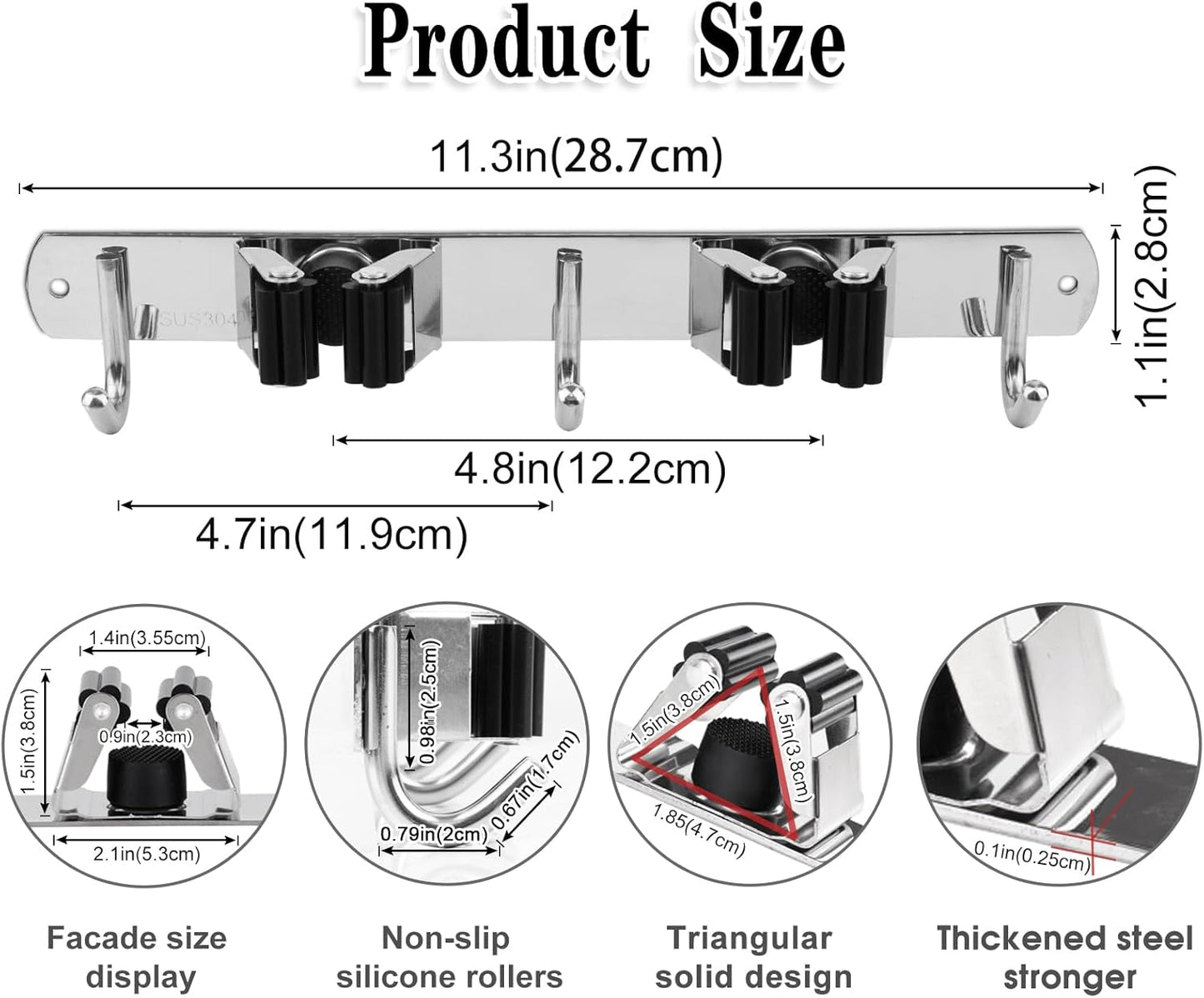 Skiennix Broom and Mop Holder - Wall Mounted Garage Organizer with Heavy Duty Hooks | Stainless Steel, Non-Slip