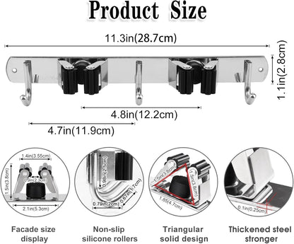 Skiennix Broom and Mop Holder - Wall Mounted Garage Organizer with Heavy Duty Hooks | Stainless Steel, Non-Slip