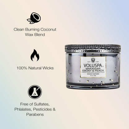 Voluspa Makassar Ebony & Peach, Corta Maison Boxed Candle, 11 oz, 45 Hour Burn Time, Coconut Wax for Clean Burning, Handcrafted in The USA