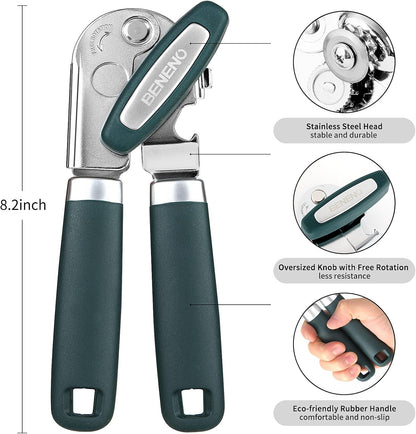 Beneno Heavy Duty Manual Can Opener - Durable Carbon Steel Blade & Soft Grip Handle | Effort-Saving Design, Green