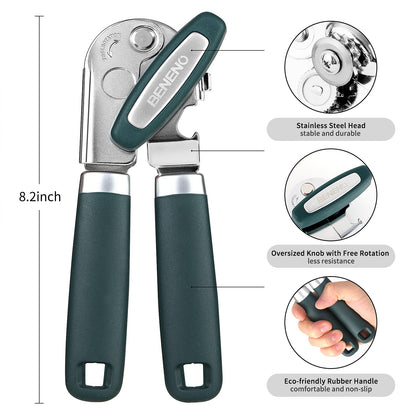 Can Opener Manual with Magnet and Sharp Blade Smooth Edge, Handheld Openers with Big Effort-Saving Knob, Can Opener with Multifunctional Bottles Opener, Green