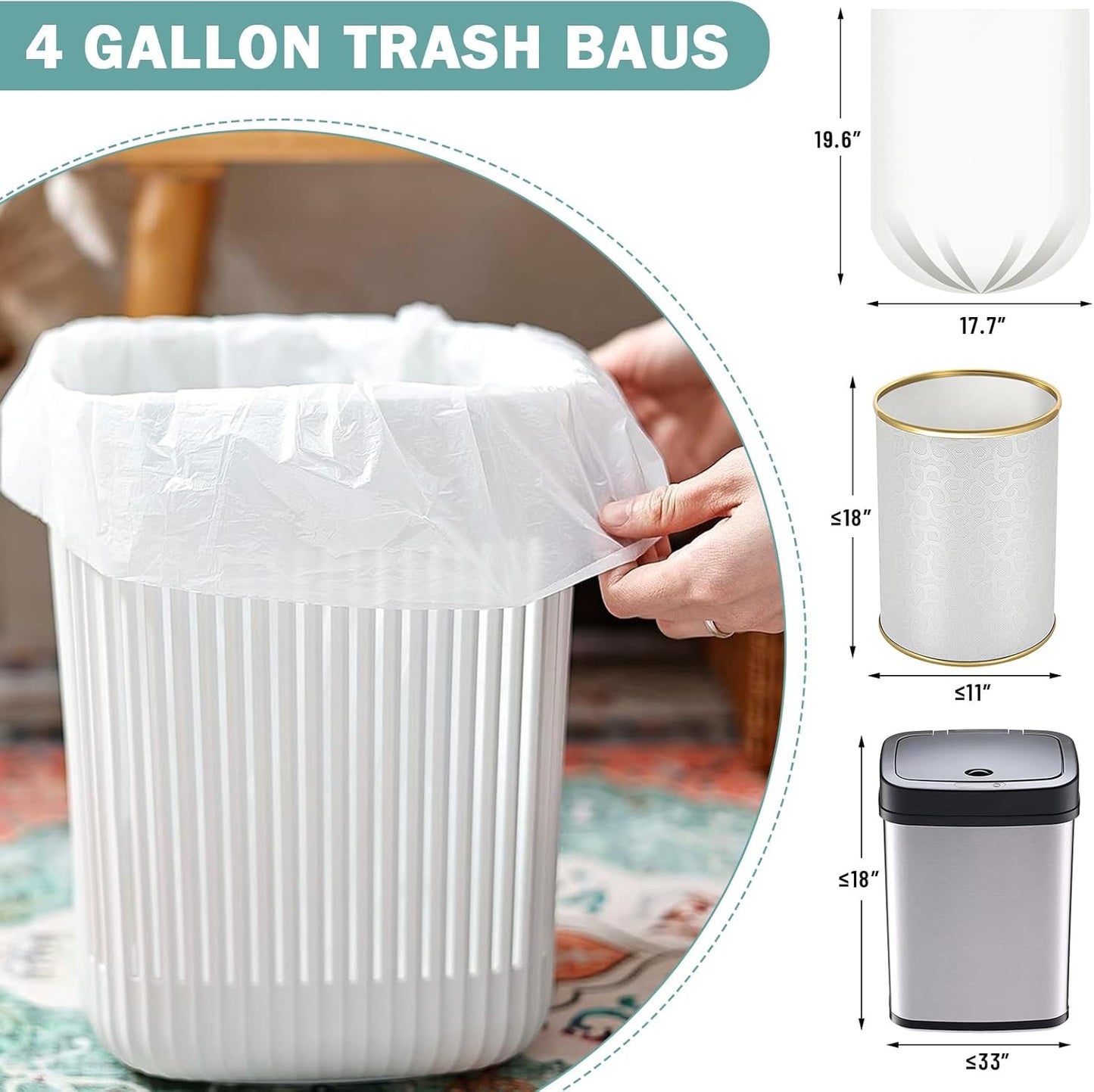 Skiennix Small Trash Bags - 100 Count Leakage-Proof 4 Gallon Garbage Liners | Unscented White Mini Bags