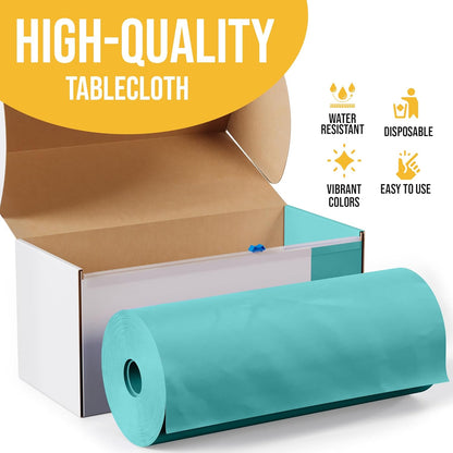 Party Solids Aqua Plastic Table Cover Roll - 54 Inch X 300 Feet with Convenient Slide Cutter