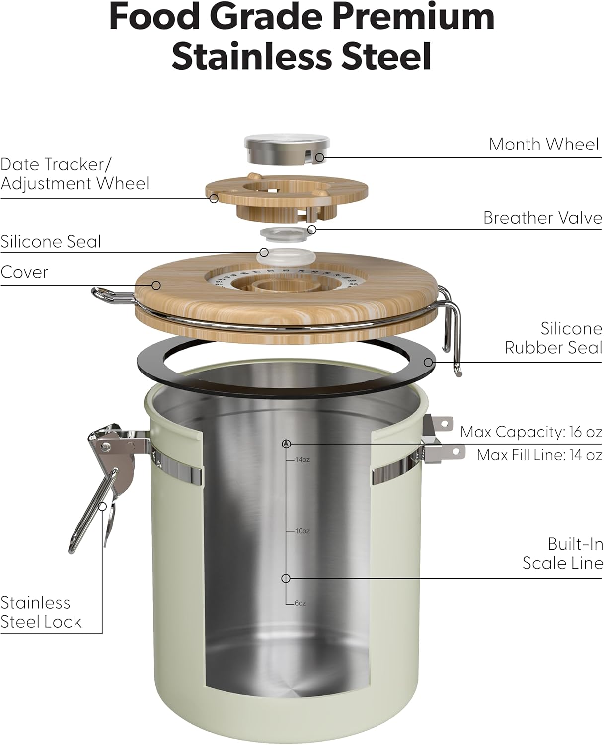 Veken Coffee Canister - Airtight Stainless Steel Food Storage with Window & Date Tracker | 16oz Cream