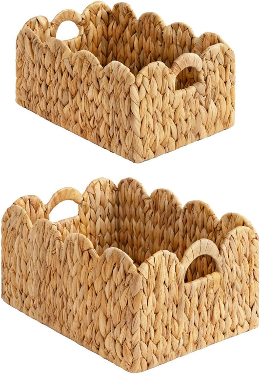 StorageWorks Scalloped Edge Wicker Basket - Hand-Woven Rattan Baskets with Handles | 2 Pack for Organizing & Decor