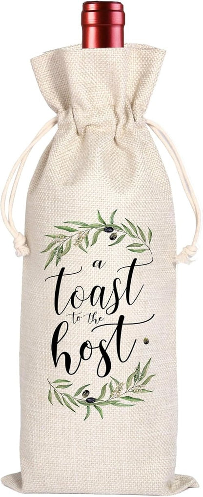 A Toast For the Host Wine Bag, Housewarming, Party Decor, Bridal Shower, Gift for Her, Hostess, Wedding, Girls Night, Holiday, Thank you Gift (Beige, 13.5 x 5.5Inches)