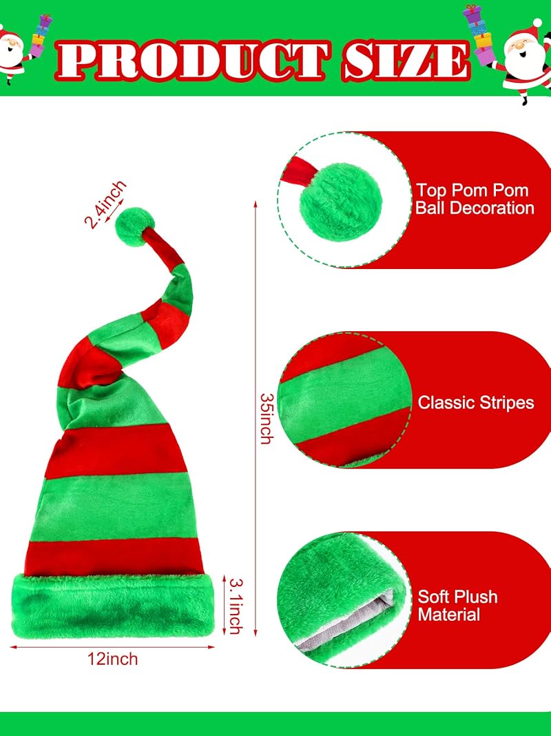 Elf Hat Set - 2 Pack Christmas Santa/Elf Hats 35 x 12 in Red & Green Striped