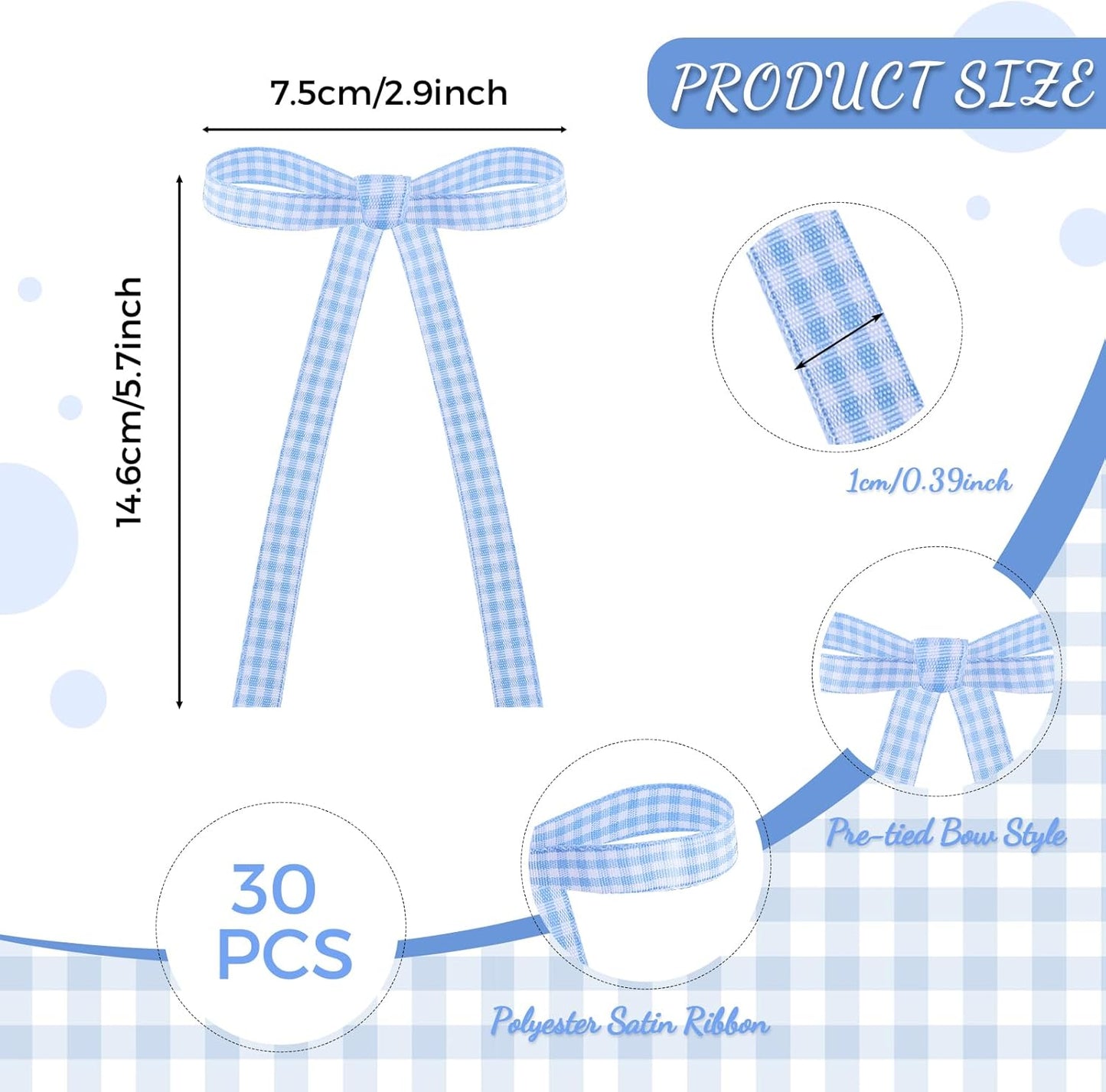Skiennix 30 Pack Bow Cake Toppers - Blue Gingham Ribbons for Birthday & Baby Shower Decor
