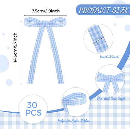 Skiennix 30 Pack Bow Cake Toppers - Blue Gingham Ribbons for Birthday & Baby Shower Decor