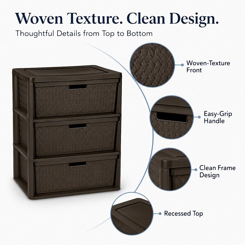 Wide 3-Drawer Decorative Organizer Chest Brown – Cross-Weave Storage Tower