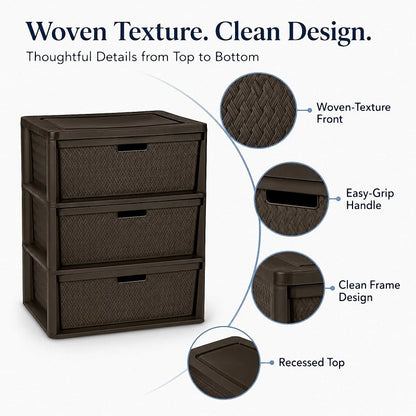 Wide 3-Drawer Decorative Organizer Chest Brown – Cross-Weave Storage Tower