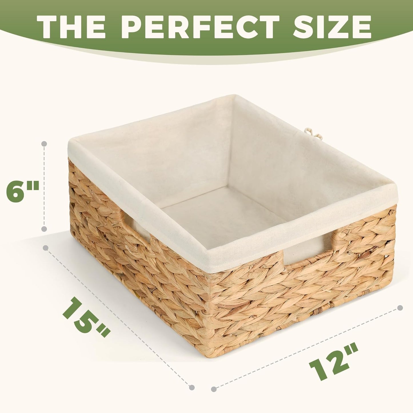 Wicker Shelf Storage Baskets - Natural Water Hyacinth Organizers with Handles & Cotton Liner | Large 15” x 12” x 6”