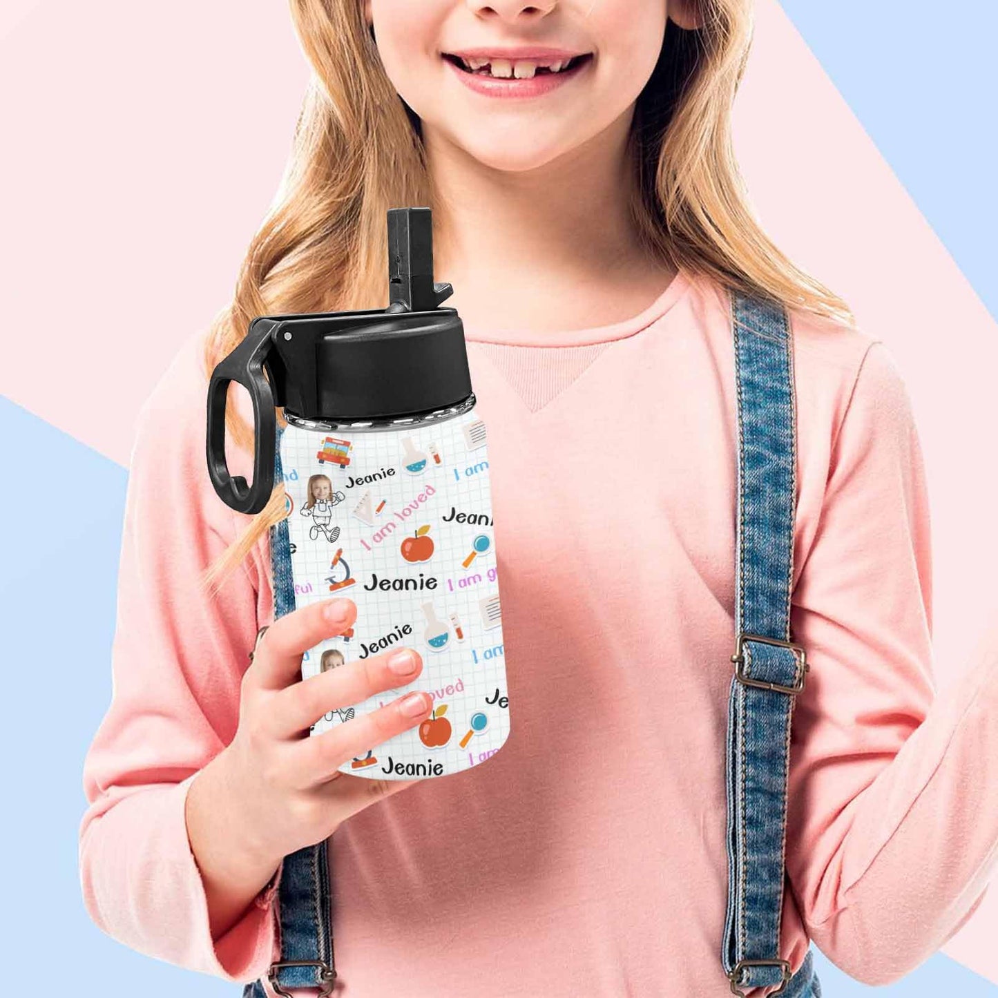 Personalized Kids Water Bottle with Straw for Boys Girls Custom Sports Water Cup with Kids Name Photo Customized Cute Water Bottle Gift for Grandchildren Toddler Children Birthday Back to School12oz