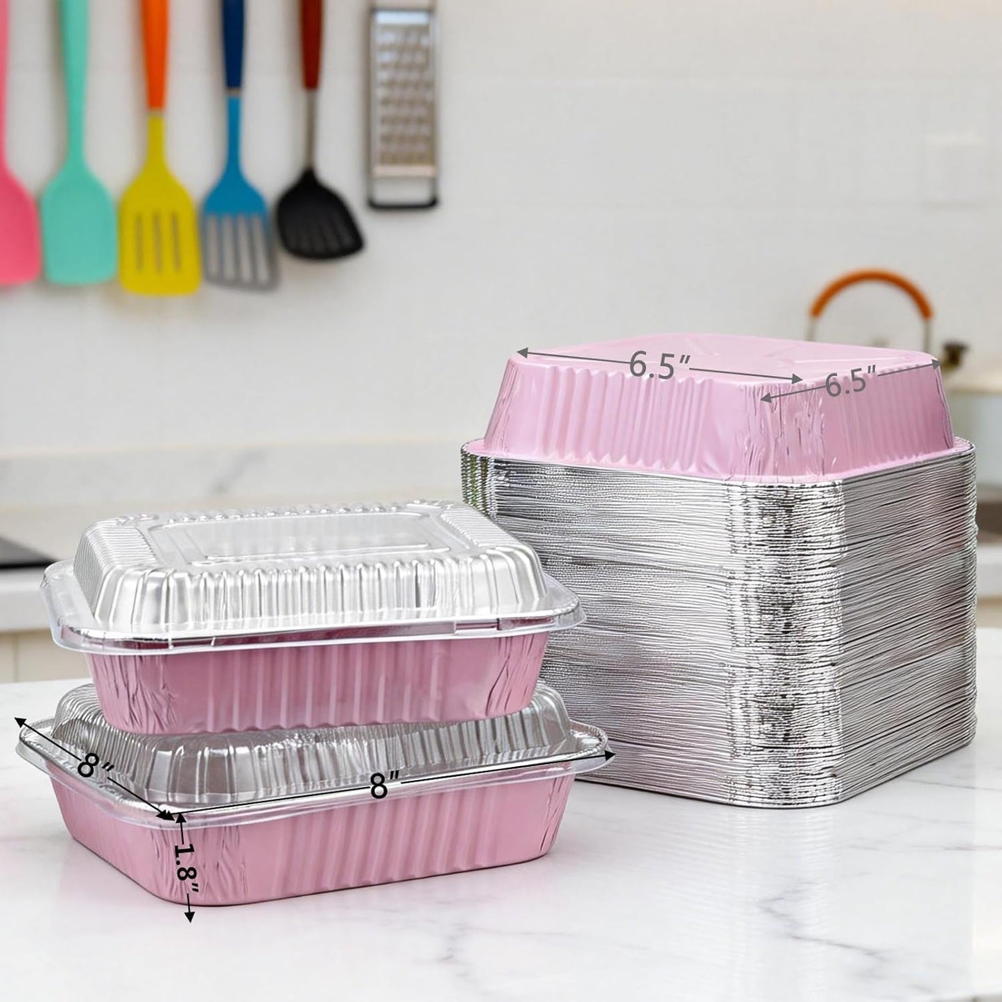 Regine Switzerland 35-Pack Pink 8x8 Inch Disposable Aluminum Pans - With Lids, Stickers & Spoons for Parties