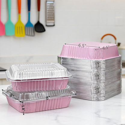 Regine Switzerland 35-Pack Pink 8x8 Inch Disposable Aluminum Pans - With Lids, Stickers & Spoons for Parties
