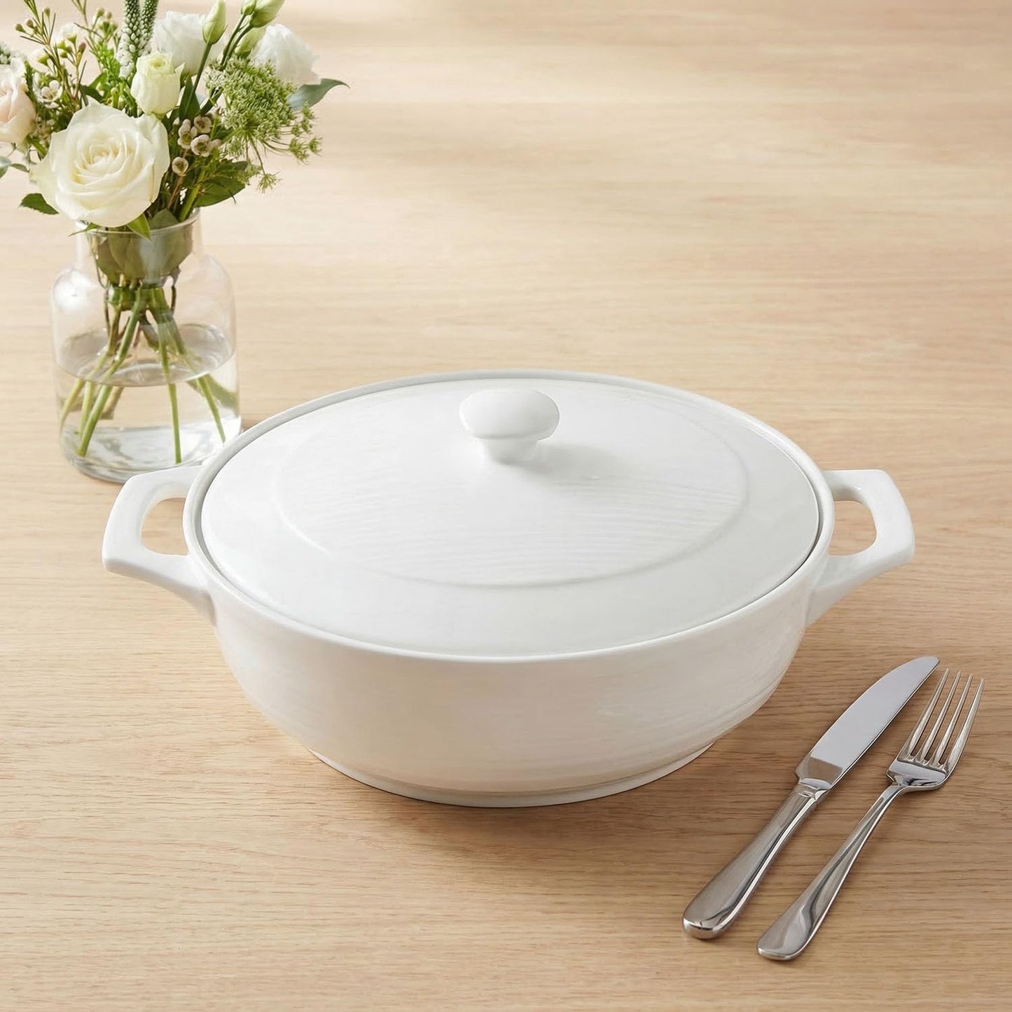 Regine Switzerland Oval Casserole Dish - 1.9 Quart French White Ceramic with Lids | 9" x 6.5" Baking Dish for Casseroles & Lasagna