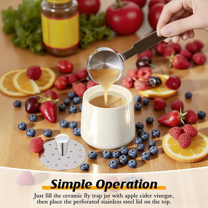 Skiennix Ceramic Fruit Fly Trap - Reusable Kitchen Fly Catcher with Stainless Steel Vent Lid | Dishwasher Safe, Easy to Use (White, 1 Pack)