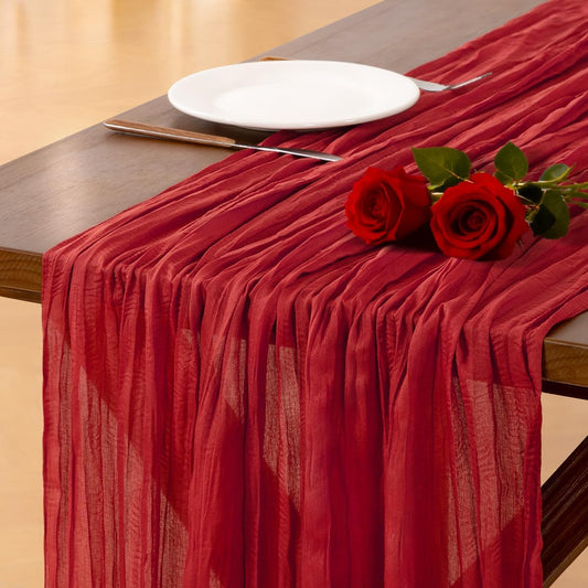 Socomi Red Cheesecloth Table Runner - 120 Inch Boho Rustic Decor for Weddings, Parties & Holidays