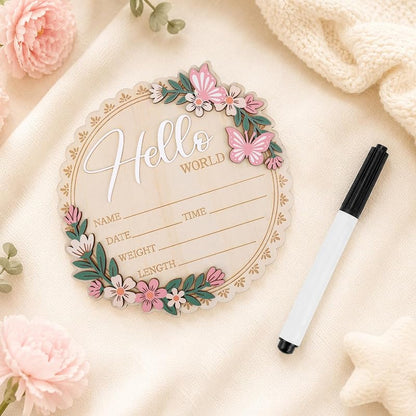 Wooden Newborn Announcement Sign with Pen - Hello World Nursery Keepsake 15x15cm