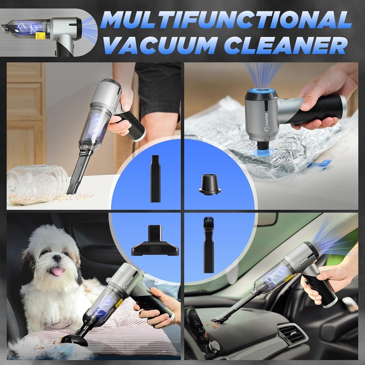 Saker Handheld Car Vacuum - Portable Cordless 17000PA Mini Air Duster & Blower | Rechargeable Black