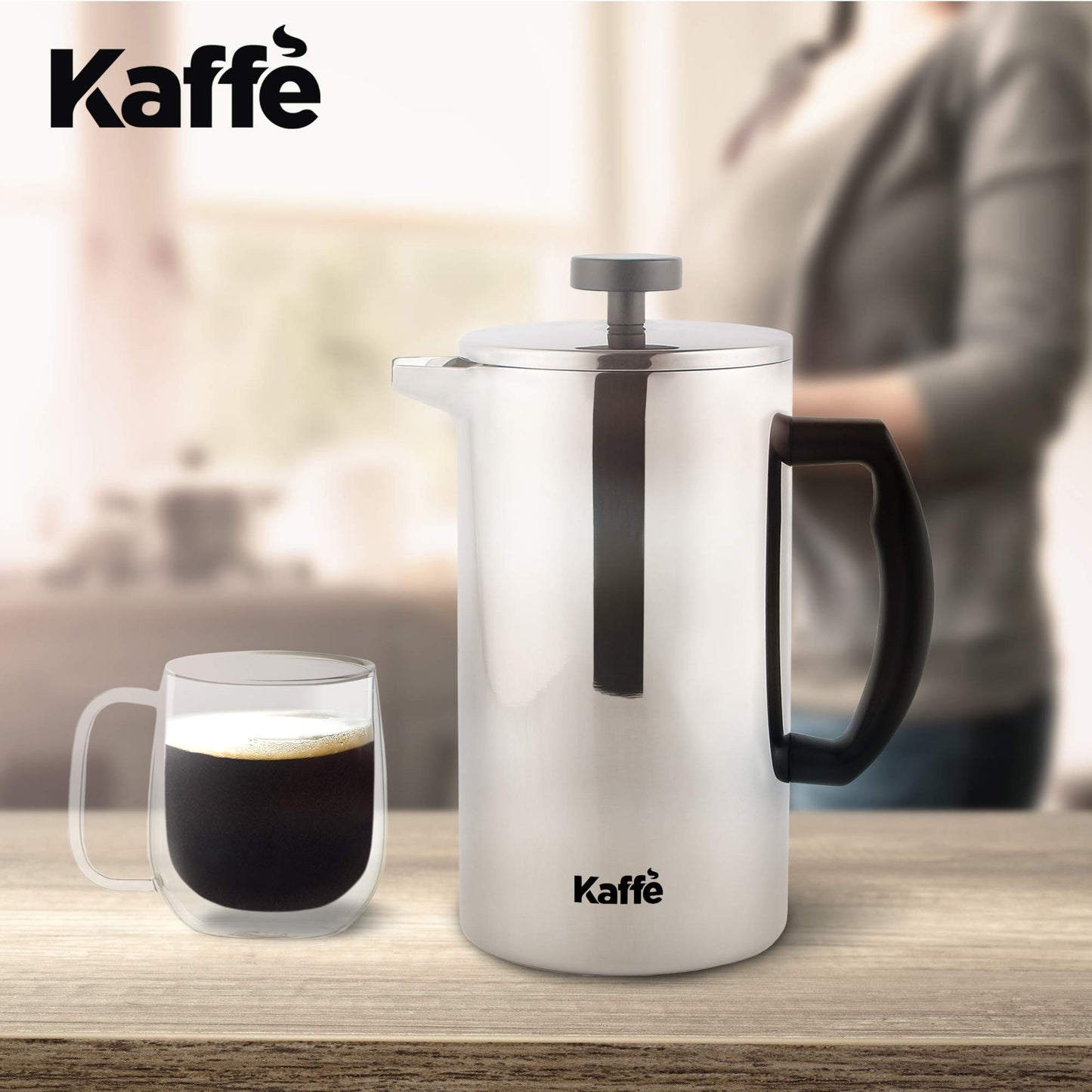 Kaffe Stainless Steel French Press Coffee Maker (27oz / 0.8L) - Double-Wall Insulated Coffee Press Stainless Steel - Travel & Camping Coffee Maker - Homemade French Press Coffee - Coffee Gift