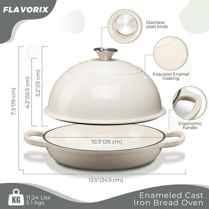 Cast Iron Dutch Oven | 6Qt Sourdough Bread Baking Pan with Lid - Enameled, Oven Safe to 482℉, White