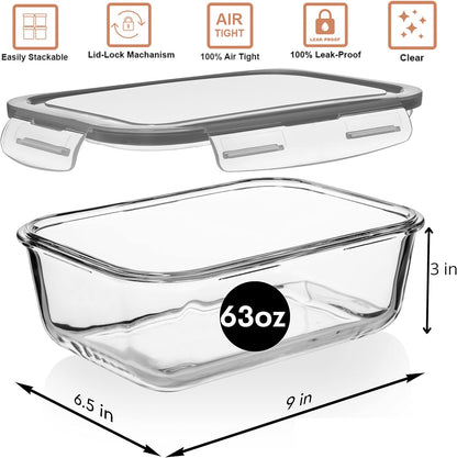 Skiennix Large Glass Food Storage Containers - 4 Piece Set with Locking Lids | BPA Free & Leak Proof, 8 Cups/63 Oz