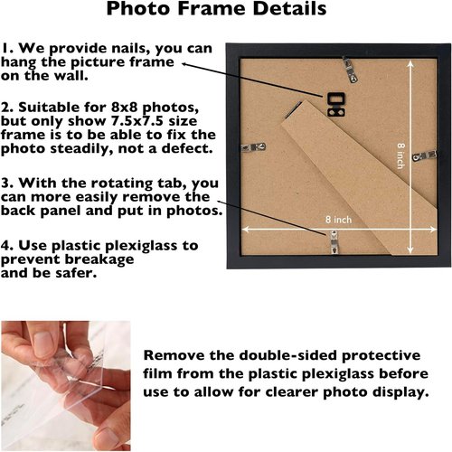 JCJMY 8x8 Black Picture Frame - Versatile Wall & Tabletop Display with Shatter-Resistant Plexiglass