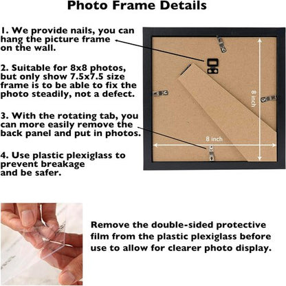 JCJMY 8x8 Black Picture Frame - Versatile Wall & Tabletop Display with Shatter-Resistant Plexiglass