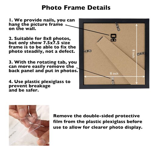JCJMY 8x8 Picture Frame Black for Wall Hanging or Tabletop, Wall Mounting Horizontally or Vertically, 8 x 8 Square Wall Gallery Poster Photo Frame with Shatter Resistant Plexiglass, Black
