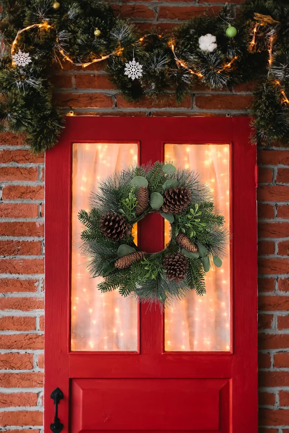 Skiennix 18-Inch Artificial Greenery Wreath - Rustic Christmas Decor with Detachable Glass Holder