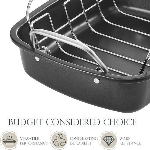 KITESSENSU Nonstick Turkey Roasting Pan - Heavy-Duty 17 x 14 Inch Chicken Roaster with Rack - Gold Finish