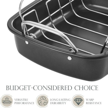 KITESSENSU Nonstick Turkey Roasting Pan - Heavy-Duty 17 x 14 Inch Chicken Roaster with Rack - Gold Finish