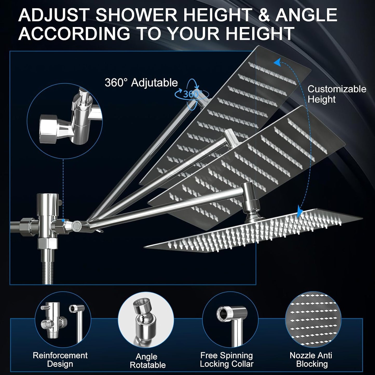 Regine Switzerland Rain Shower Head - 10 Inch High Pressure Dual Showerhead Set with Handheld Spray & Extension Arm | Silver