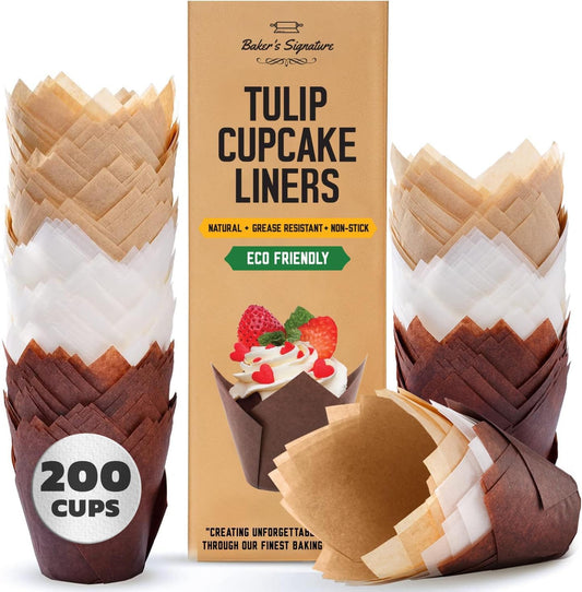 Baker’s Signature Tulip Cupcake Liners - 200 Pcs Sturdy Greaseproof Muffin Baking Cups | Beige, White, Brown