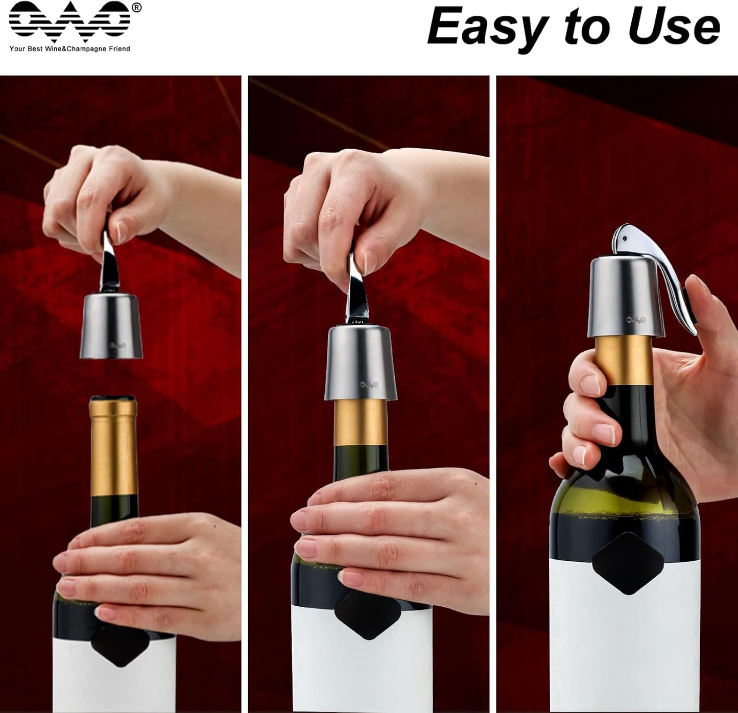OWO Stainless Steel Wine Bottle Stopper, Reusable Wine Saver with Silicone Seal, Decorative Bottle Sealer, Keeps Fresh (Silver, 2 Pack)