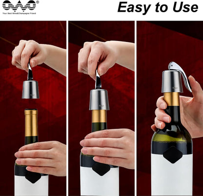OWO Stainless Steel Wine Bottle Stopper, Reusable Wine Saver with Silicone Seal, Decorative Bottle Sealer, Keeps Fresh (Silver, 2 Pack)