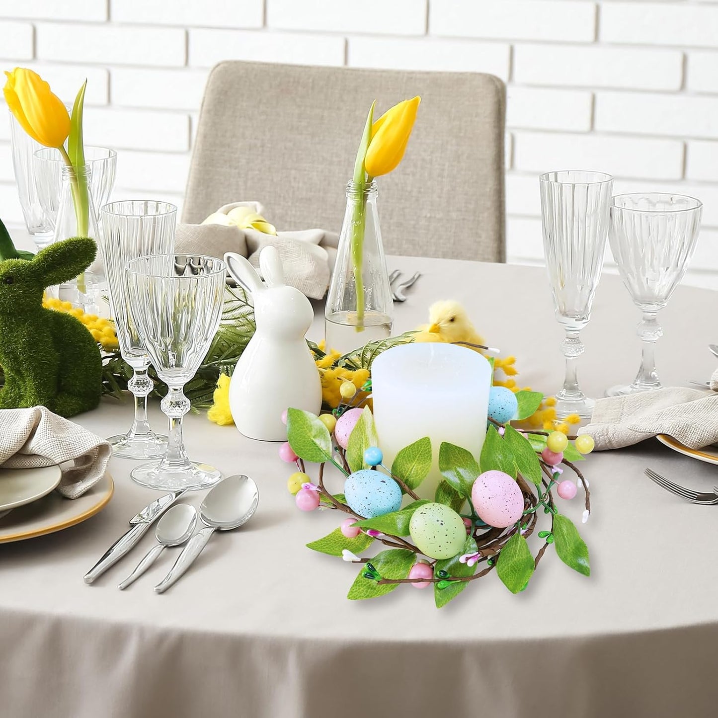 Winlyn Easter Egg Candle Rings - 4 Pcs Spring Wreaths with Pastel Eggs & Foliage | 11" Table Centerpiece Decor